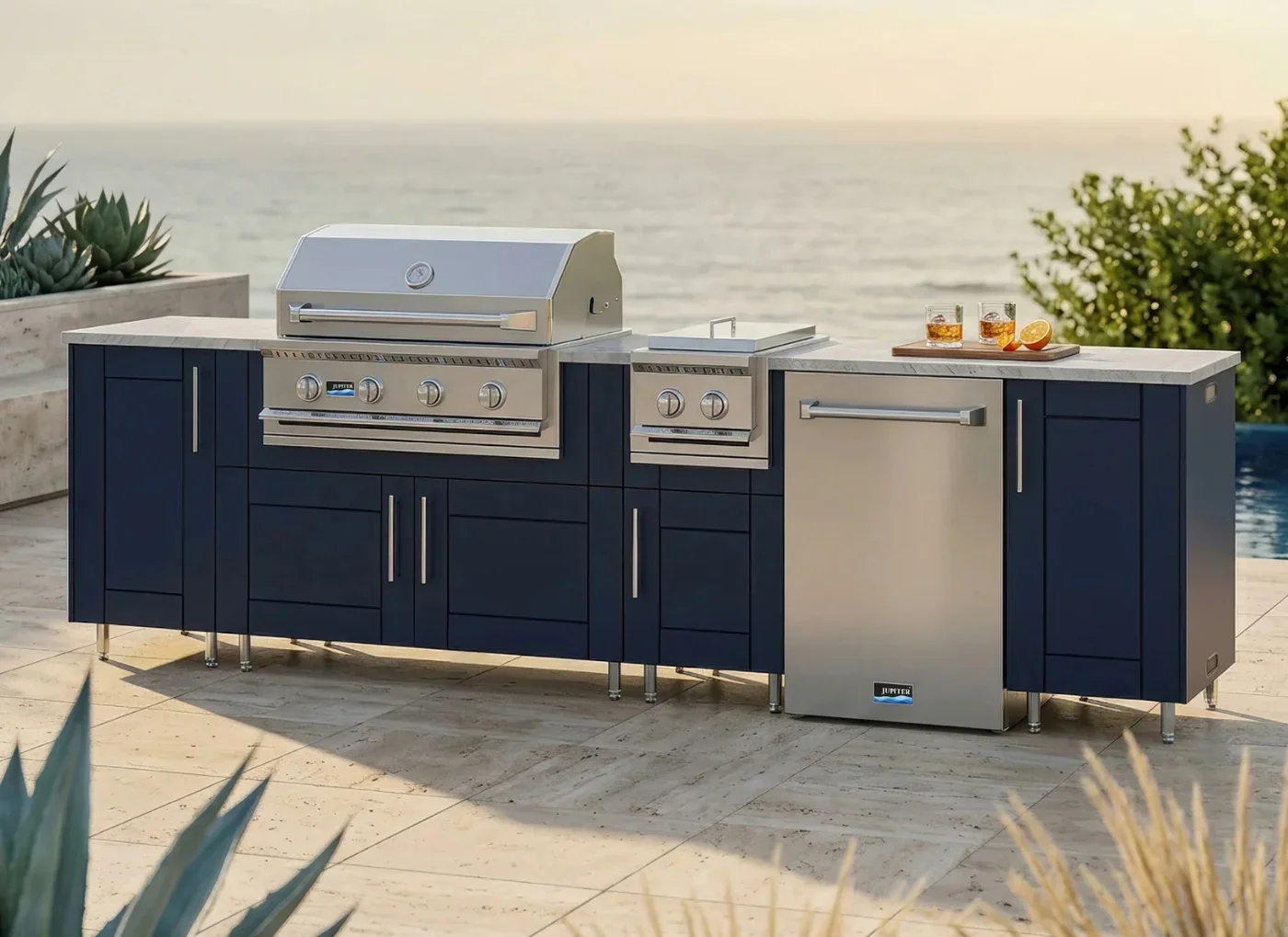 HDPE outdoor kitchen island with built-in grill, side burner and refrigerator